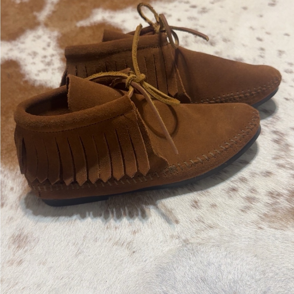 Minnetonka Brown Moccasins with Fringe Detail